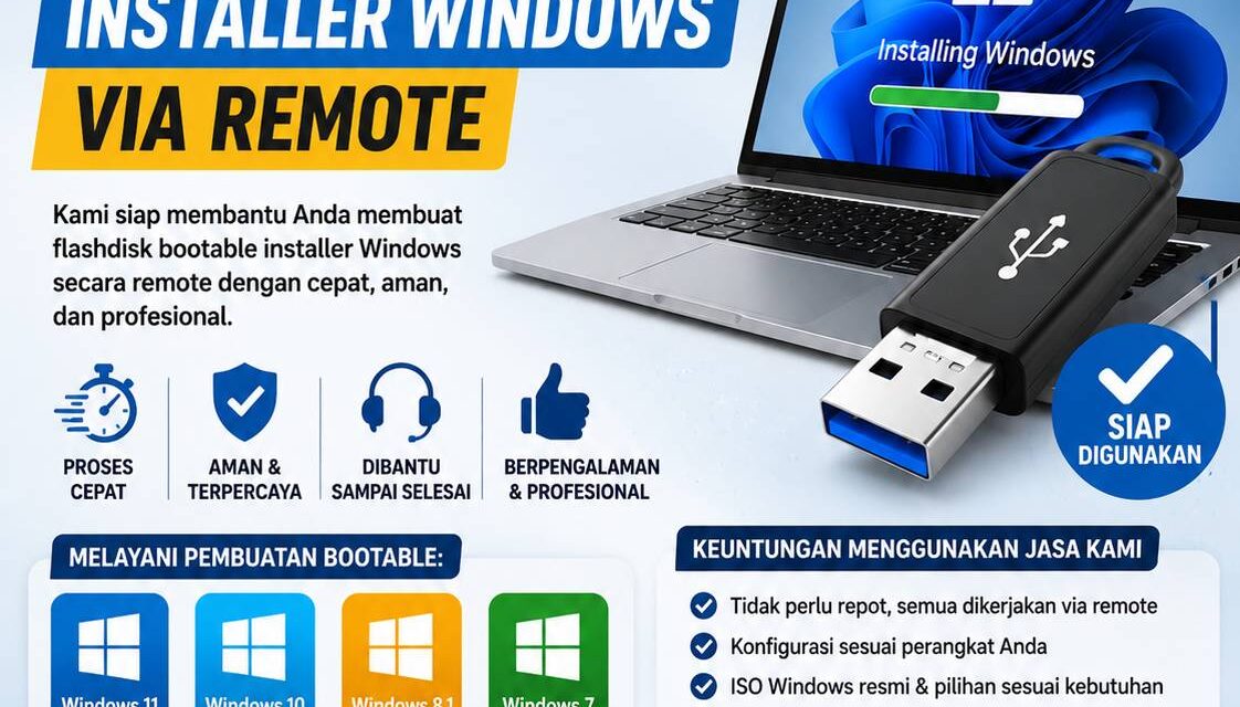 Jasa Pembuatan Bootable Installer Windows via Remote untuk membuat flashdisk bootable Windows 11, Windows 10, Windows 8.1, dan Windows 7 dengan proses cepat, aman, dan profesional.