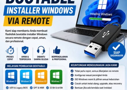 Jasa Pembuatan Bootable Installer Windows via Remote untuk membuat flashdisk bootable Windows 11, Windows 10, Windows 8.1, dan Windows 7 dengan proses cepat, aman, dan profesional.