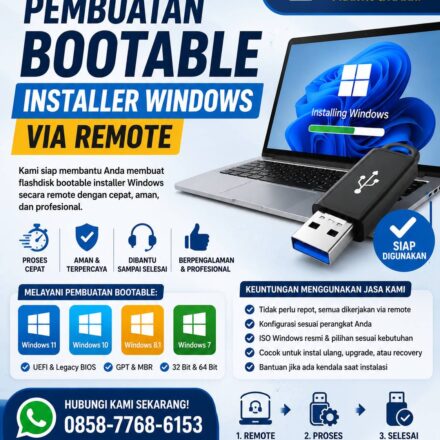 Jasa Pembuatan Bootable Installer Windows via Remote untuk membuat flashdisk bootable Windows 11, Windows 10, Windows 8.1, dan Windows 7 dengan proses cepat, aman, dan profesional.