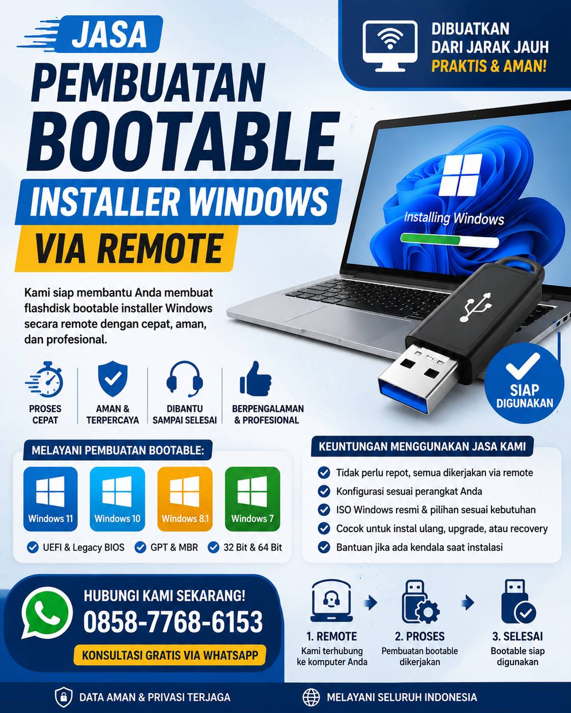 Jasa Pembuatan Bootable Installer Windows via Remote untuk membuat flashdisk bootable Windows 11, Windows 10, Windows 8.1, dan Windows 7 dengan proses cepat, aman, dan profesional.