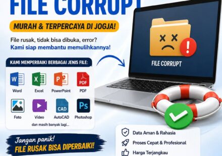 Jasa Perbaikan File Corrupt Murah Jogja untuk memperbaiki file Word, Excel, PDF, foto, video, AutoCAD, dan Photoshop yang rusak dengan proses cepat dan aman.