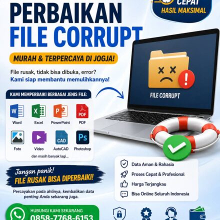 Jasa Perbaikan File Corrupt Murah Jogja untuk memperbaiki file Word, Excel, PDF, foto, video, AutoCAD, dan Photoshop yang rusak dengan proses cepat dan aman.