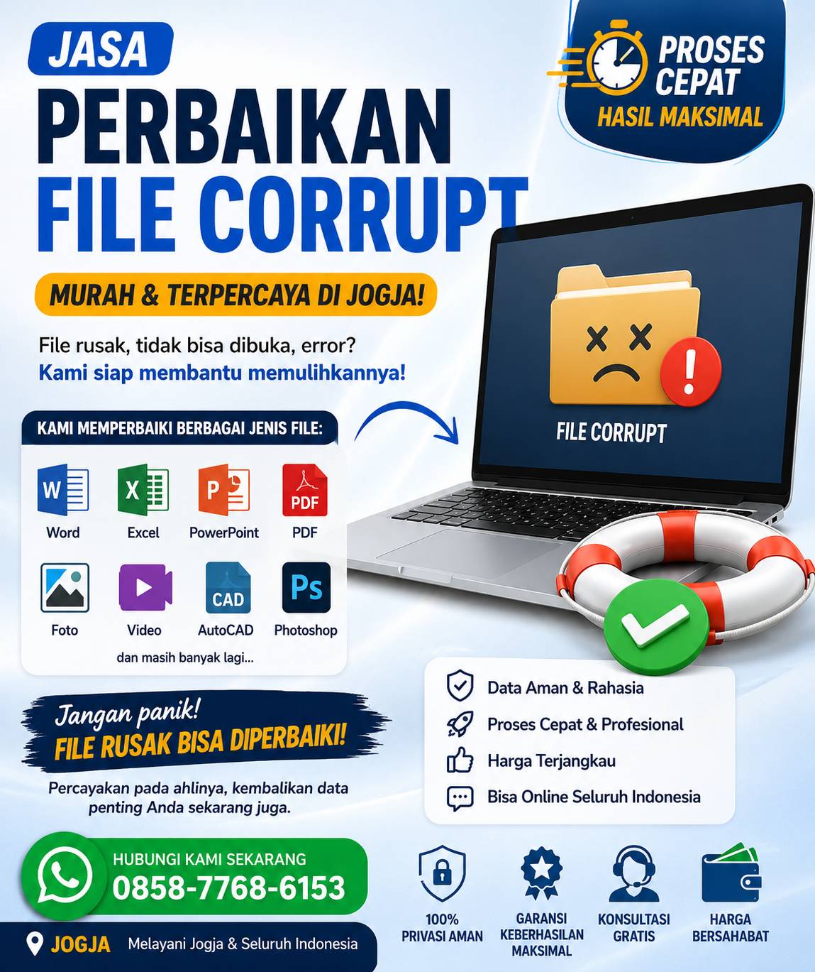 Jasa Perbaikan File Corrupt Murah Jogja untuk memperbaiki file Word, Excel, PDF, foto, video, AutoCAD, dan Photoshop yang rusak dengan proses cepat dan aman.