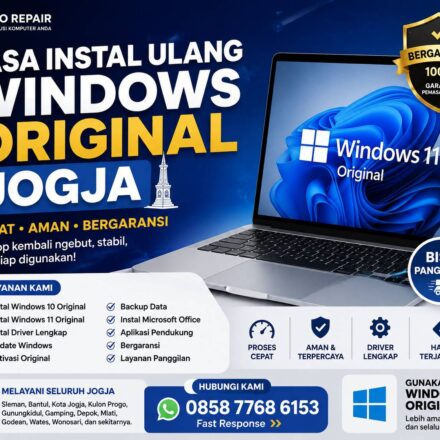 Jasa instal ulang Windows original Jogja oleh Tio Repair dengan layanan instal Windows 10 dan Windows 11 original, bergaransi, cepat, aman, serta bisa panggilan ke seluruh wilayah Yogyakarta.