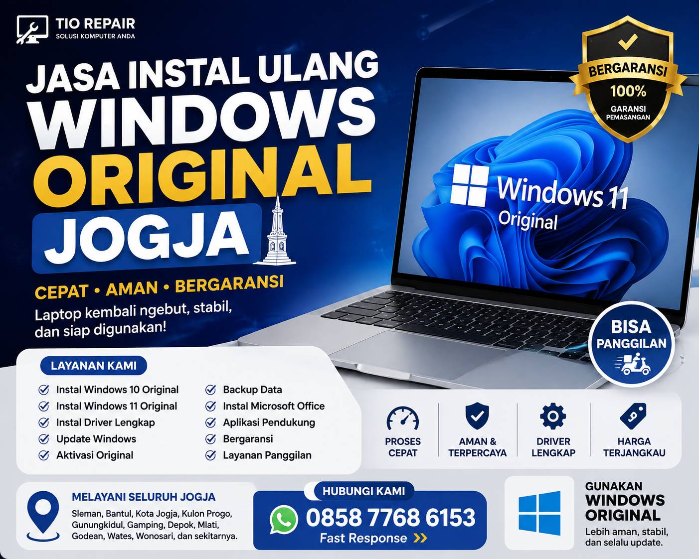 Jasa instal ulang Windows original Jogja oleh Tio Repair dengan layanan instal Windows 10 dan Windows 11 original, bergaransi, cepat, aman, serta bisa panggilan ke seluruh wilayah Yogyakarta.